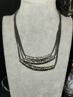 Multi-Strand Black Cord Necklace With Sliver Tubes
